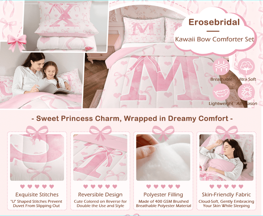 Heavyweight Warmth Kawaii Bowknot Bedding Sets Full with Comforter, Initial H Duvet Insert, Romantic Initial A-Z Decor, Reversible - Hypoallergenic Ultra-Fluffy Quilt for Winter Detail