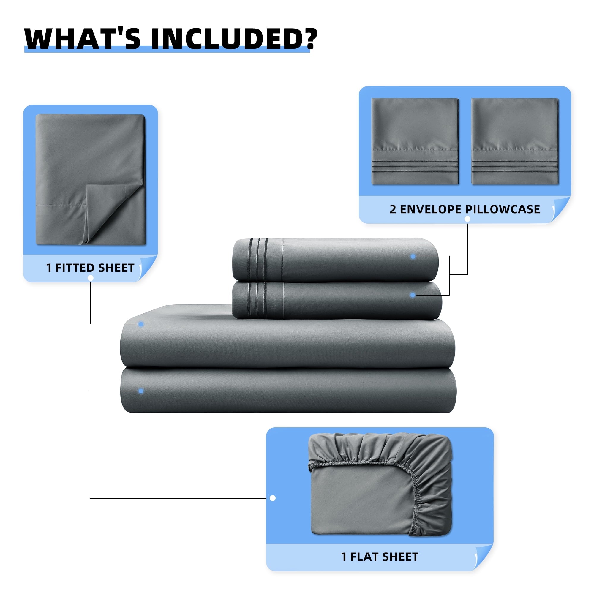 Breathable Luxury Shilucheng 4 Pieces Luxury Bed Sheets Set, Plush Microfiber Bed Sheets, 16" Deep Pocket, Queen, Dark Gray - Breathable Egyptian Cotton Flat & Fitted Sheets Detail