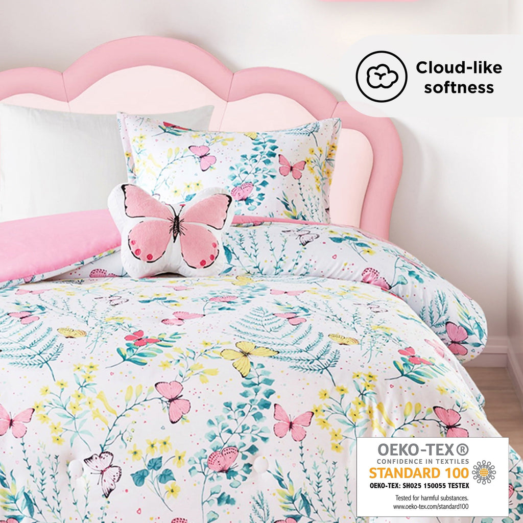 All-Season Full/Queen Size Comforter Sets, 4-Piece Kids Bedding Set for Girls, Butterfly Floral Comforter Bed Set, White/Pink - All-Season Down Alternative Comforter Insert Detail