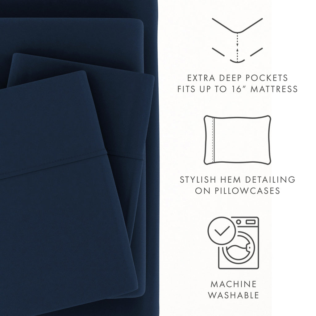 Cooling Sateen 4 Piece Solid Microfiber Bed Sheet Set, Navy, Queen - Premium Ultra-Soft Pillowcase Pair for Sleeping Detail