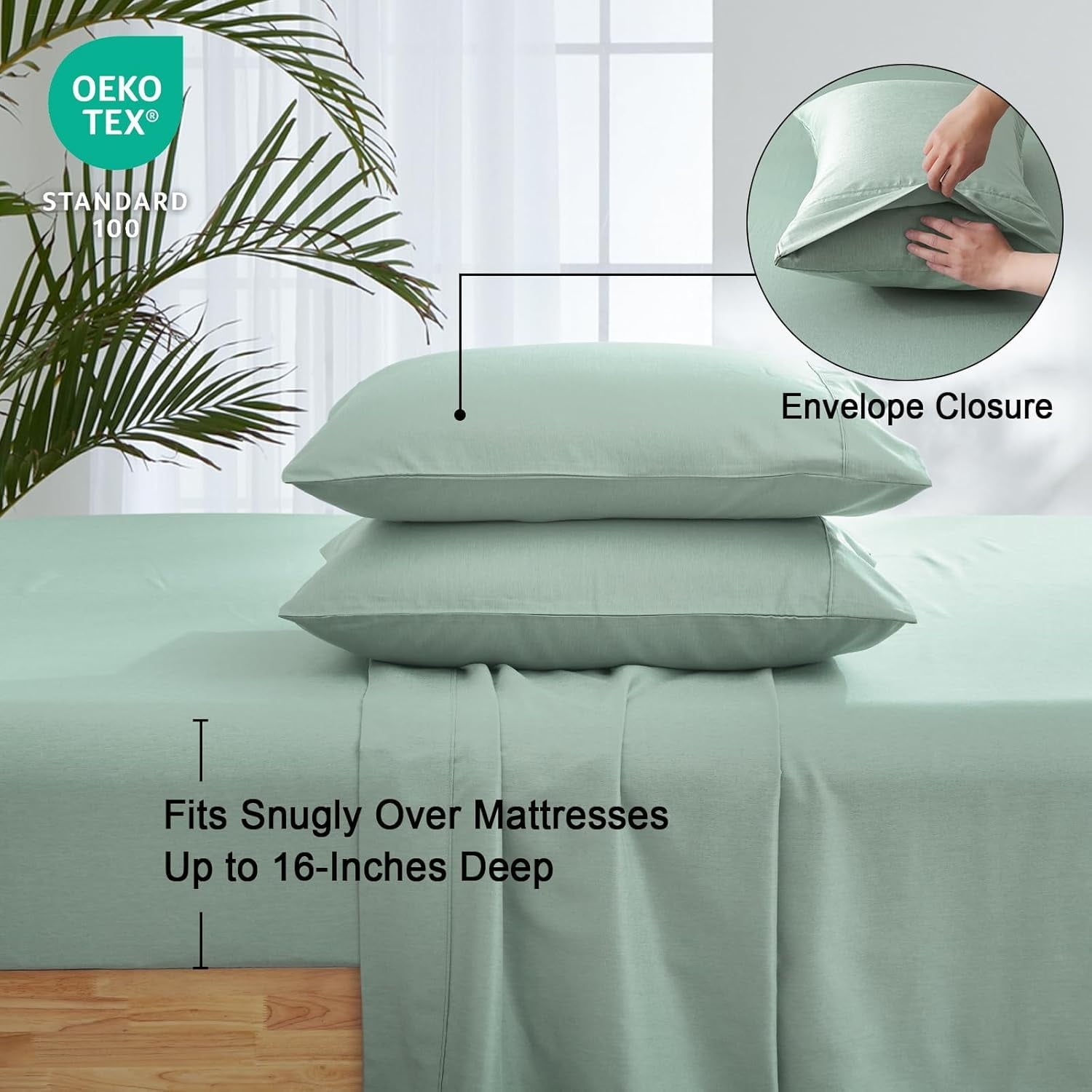 Premium Egyptian Cotton Bamboo Bed Sheet Sets, 4 Pieces King Silky Soft Bedding Sheets, 1800 Thread Count 16 Inch Deep Pockets, Sage Green - Luxury Bed Sheet Set with Deep Pockets Detail