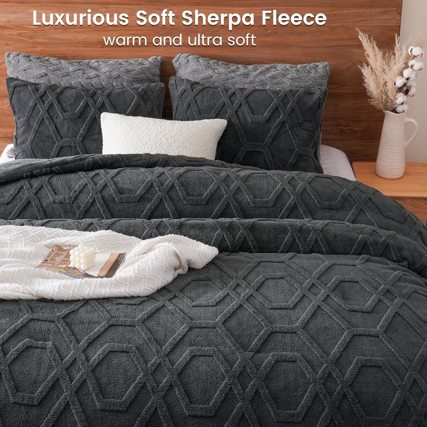 Heavyweight Warmth Warm Sherpa Fleece Queen Comforter Set, 3D Tufted Fluffy Dark Grey Bedding for Winter, Soft 3 Pieces Shaggy Bed Set, ... - Luxurious Quilted Duvet Cover Set Detail