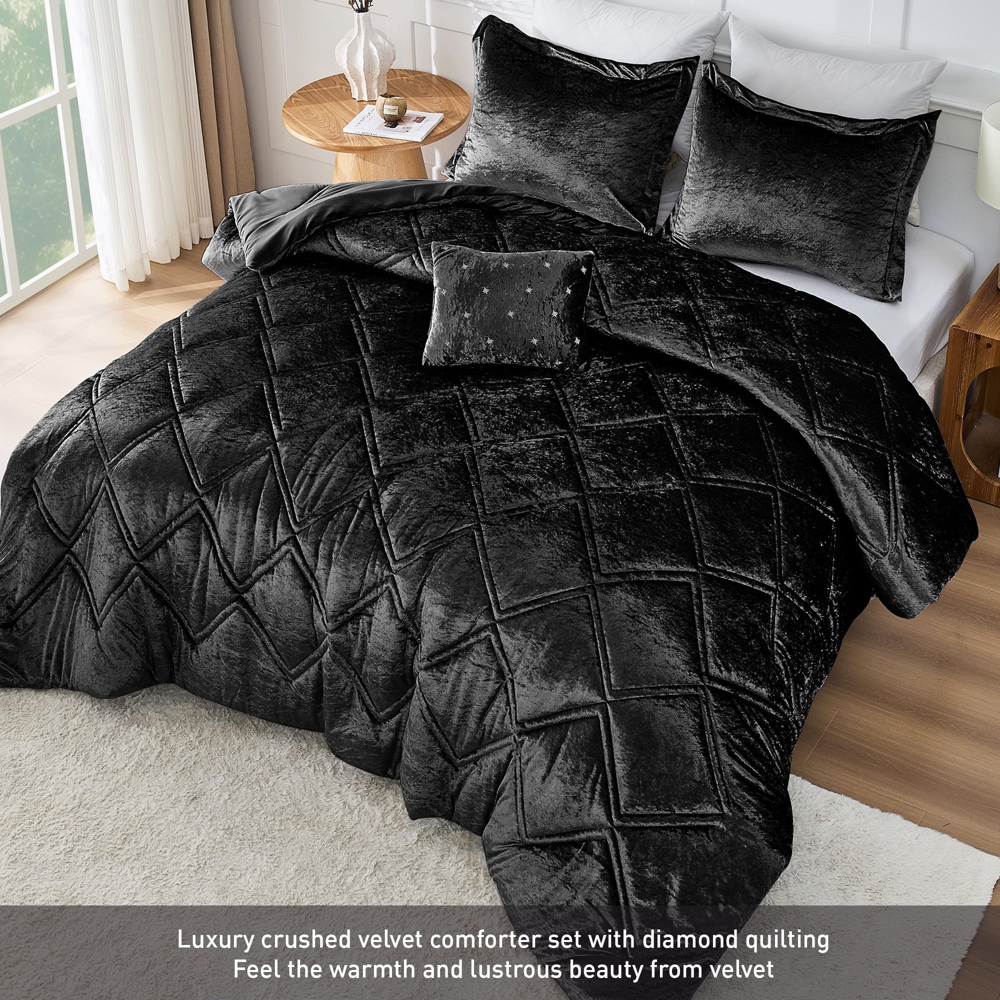 Heavyweight Warmth King/Cal King Size Comforter Sets, Velvet Bedding Comforter Set for All Seasons, Black Bedding Set with Decor Pillow - Luxurious Quilted Duvet Cover Set Detail