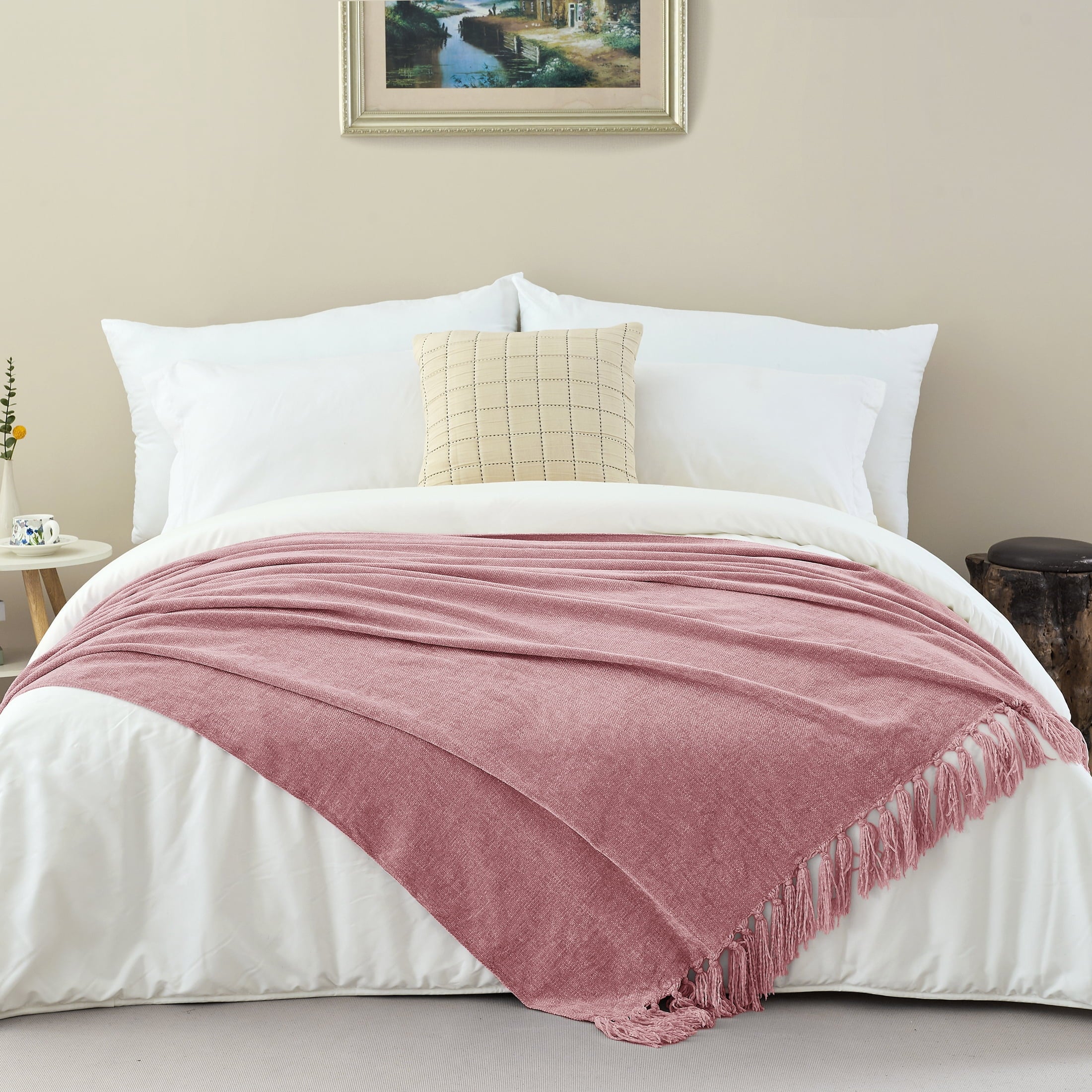 Decorative Knitted Chenille Throw Blanket with Fringe Tassel for Couch Sofa Chair Bed, Mauve 50" X 70" - Cozy Fleece Throw Blanket for Couch & Bed Detail
