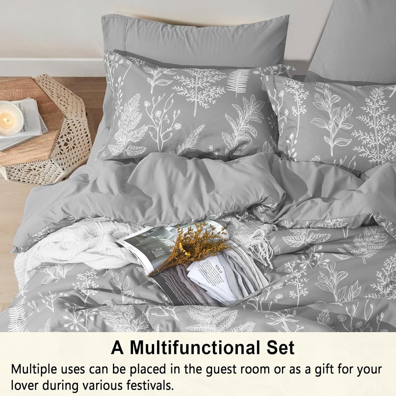Fluffy Down Alternative 7 Pieces Printed King Comforter Set, Lightweight Reversible Botanical Bedding Set Include Comforter, Pillow Shams, Fl... - Hypoallergenic Ultra-Fluffy Quilt for Winter Detail