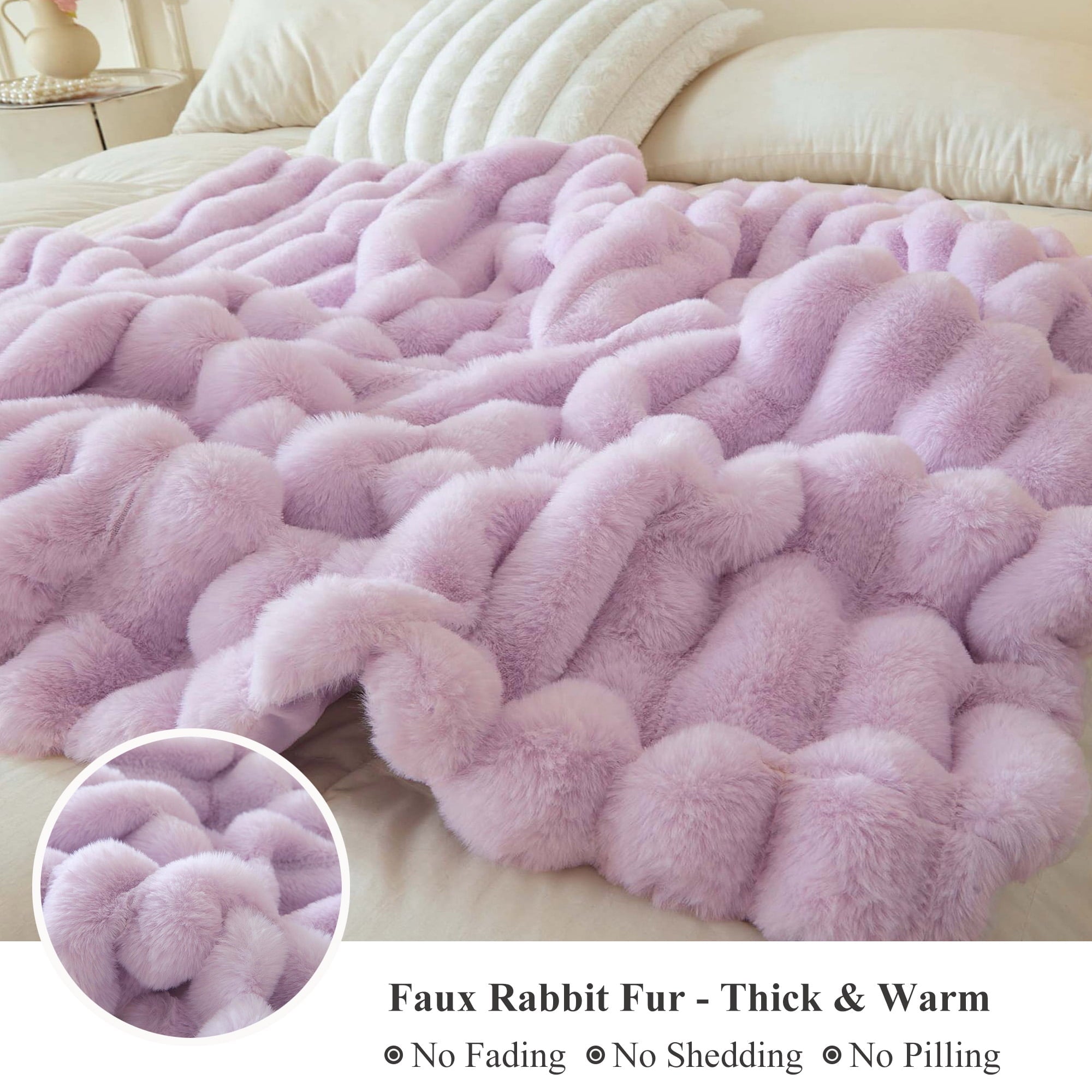 Cozy Fleece Fluffy Faux Rabbit Fur Throw, Cozy Wide Stripe Plush Fuzzy Blanket for Bed Couch Sofa Chair, Light Purple Shaggy Thro... - Super Soft Reversible Sherpa Flannel Blanket Detail