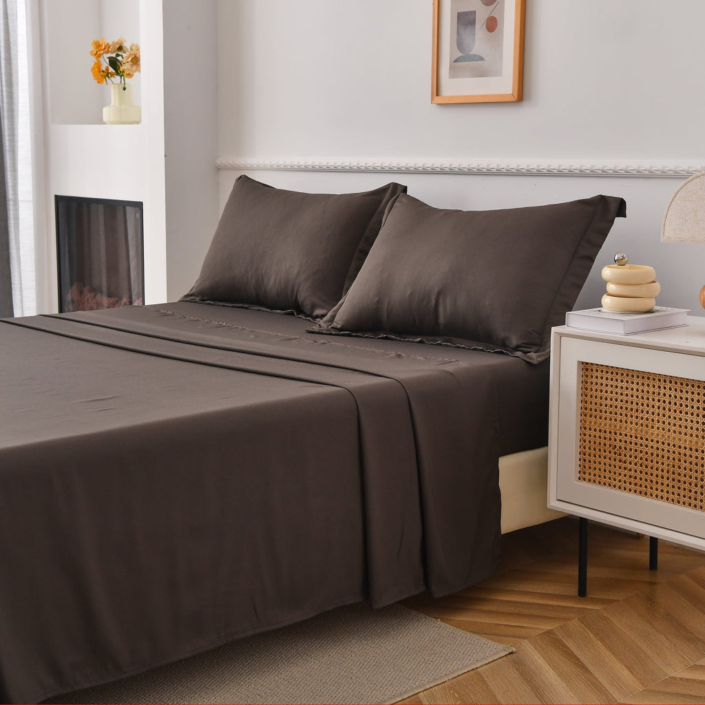 Ultra-Soft Bed Sheets Set 4 Piece Queen/Full Sheet Set Brown Gray Cotton Blend Fitted Sheet, Flat Sheet & 2 Pillowcases Bedding Set - Luxury Bed Sheet Set with Deep Pockets Detail