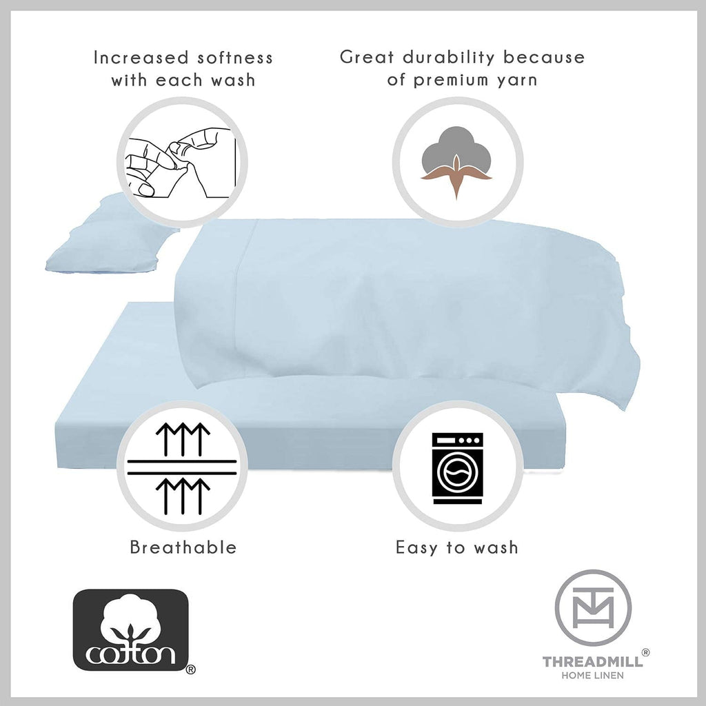 Cooling Sateen 100% Cotton King Bed Sheets Set - 4-Piece, 300 Thread Count, Lightweight Sateen, Light Blue - Breathable Egyptian Cotton Flat & Fitted Sheets Detail
