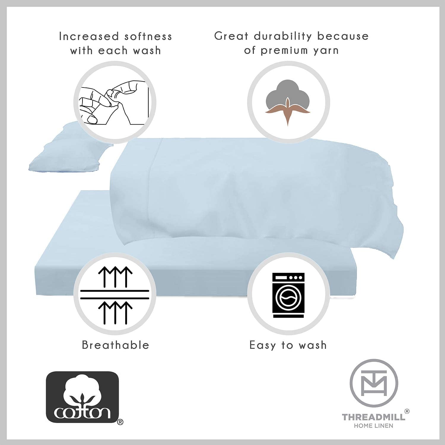 Cooling Sateen 100% Cotton King Bed Sheets Set - 4-Piece, 300 Thread Count, Lightweight Sateen, Light Blue - Breathable Egyptian Cotton Flat & Fitted Sheets Detail