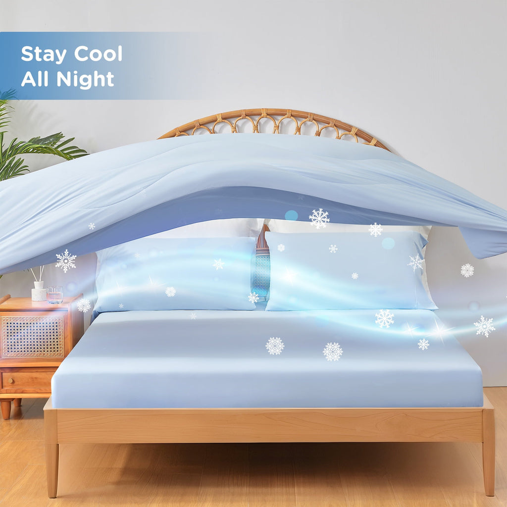 Wrinkle-Resistant Full/QueenSize Sheet Set, 3 Piece Cooling Bed Sheet with Deep Pocket for Hot Sleepers, Ice Blue - Cooling Hotel Quality Bedding Sheets and Pillowcases Detail