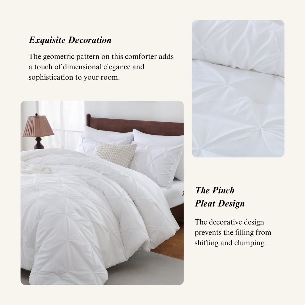 All-Season 7 Pieces Pinch-Pleated Comforter Set, White Queen Size - Cloud-Like Soft Lightweight Bed Comforter Detail