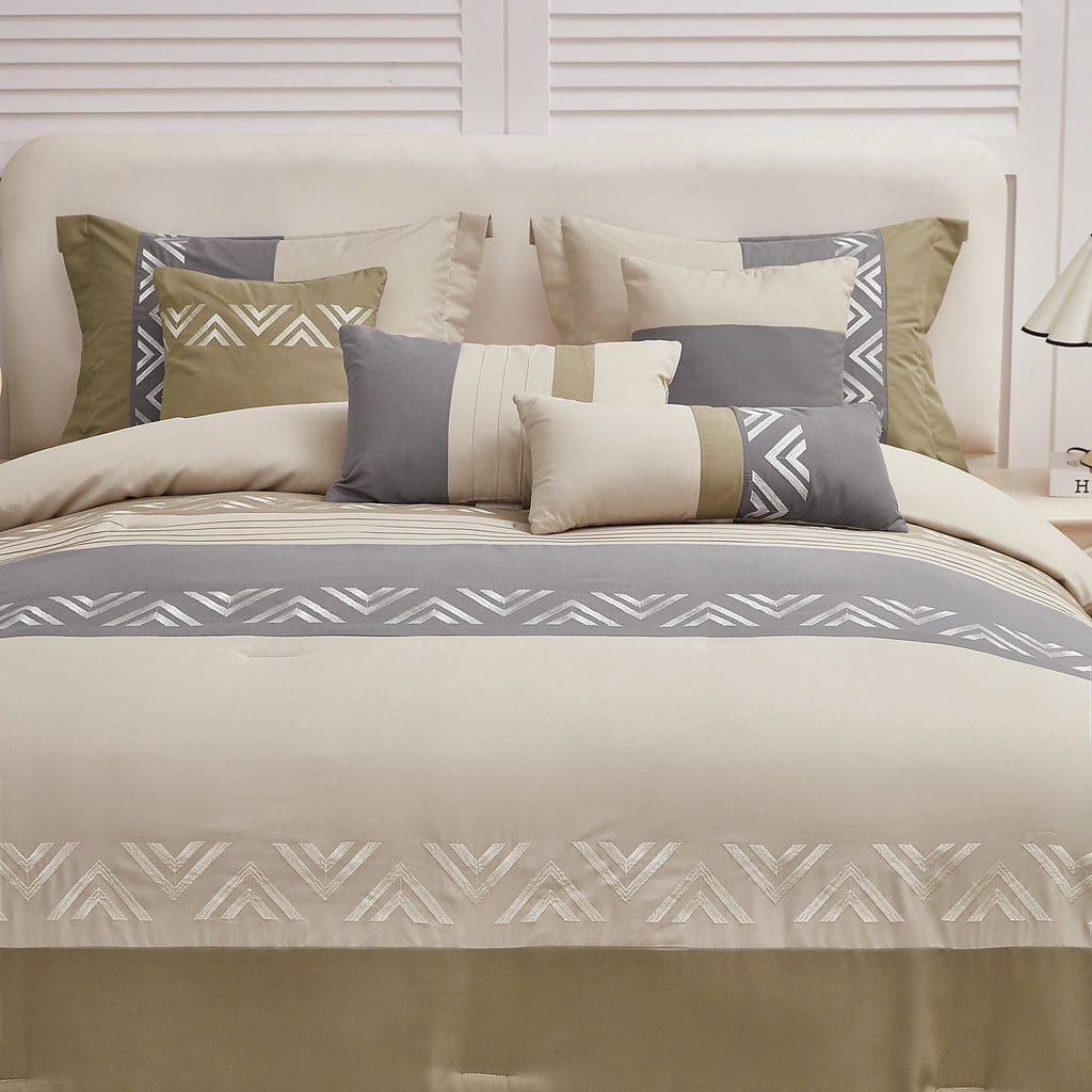 All-Season 7 Piece Embroidery Design Bed-in-a-Bag, Taupe Queen Size Ultra Soft Comforter Set for Adults - All-Season Down Alternative Comforter Insert Detail