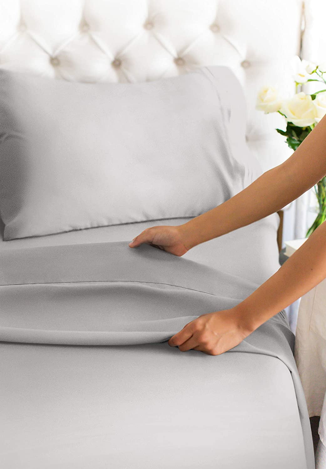 Cooling Sateen 4-Piece 400 Thread Count Cotton Sheet Set - King Size 100% Cotton Sateen Bed Sheets Fits 18"-24" Mattresse... - Cooling Hotel Quality Bedding Sheets and Pillowcases Detail
