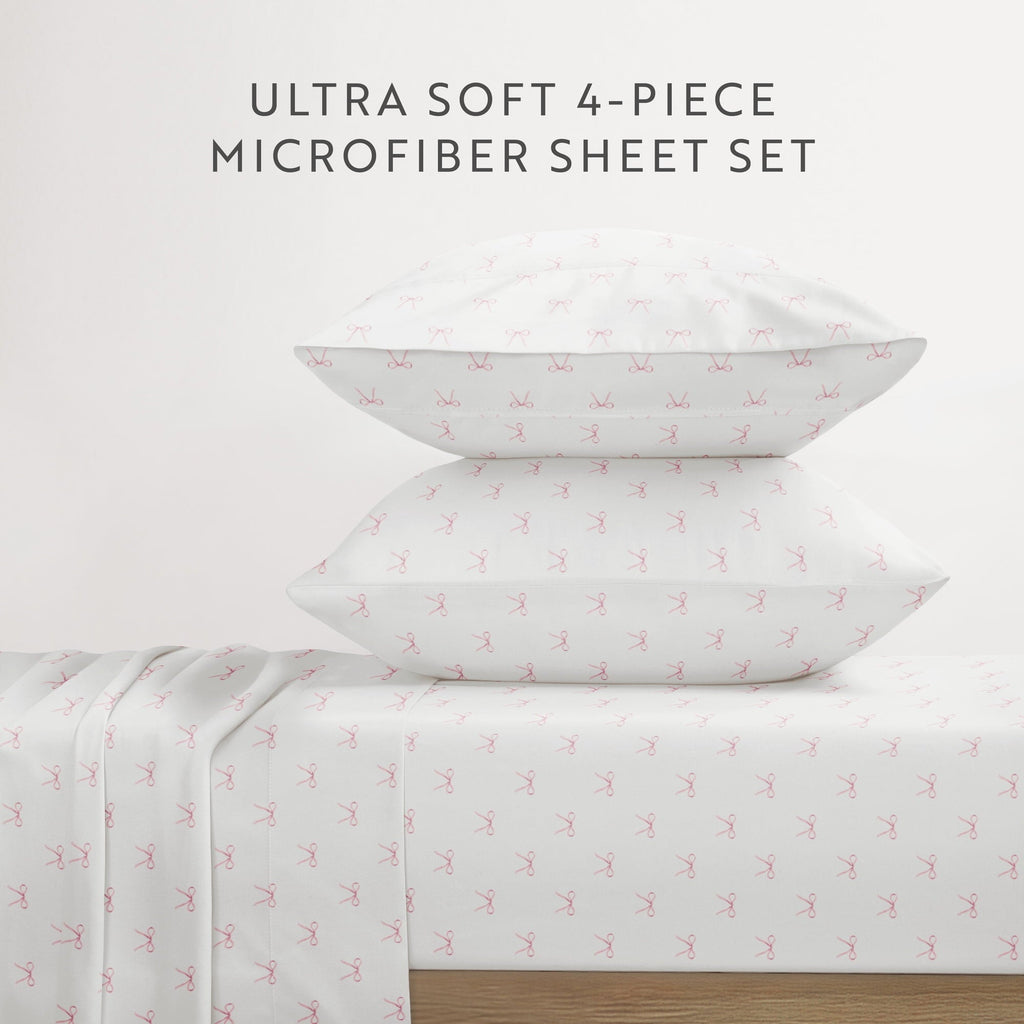 Premium Egyptian Cotton 3 Piece Ditsy Pattern Microfiber Bed Sheets, Pink Bows, Twin-XL - Premium Ultra-Soft Pillowcase Pair for Sleeping Detail