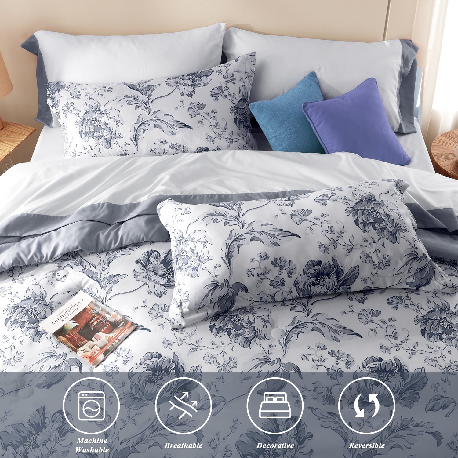 Fluffy Down Alternative Queen Comforter Sets,7-Pieces Reversible Bedding Sets,Bed in a Bag with Comforter,Flat Sheet and Fitted Sheet,Pillowc... - Luxurious Quilted Duvet Cover Set Detail