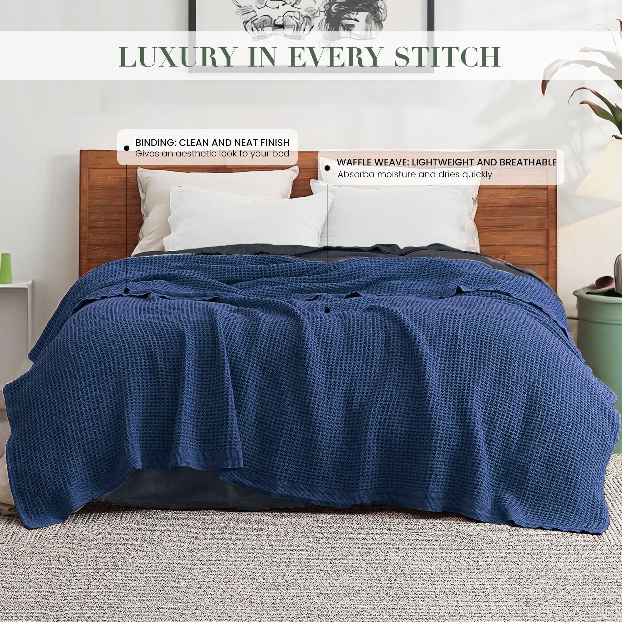 Reversible Sherpa Twin Waffle Throw Blanket for Couch (68" x 92"), 100% Cotton Throw Blankets for Bed, Waffle Blanket for Bed (Navy) - Cozy Fleece Throw Blanket for Couch & Bed Detail