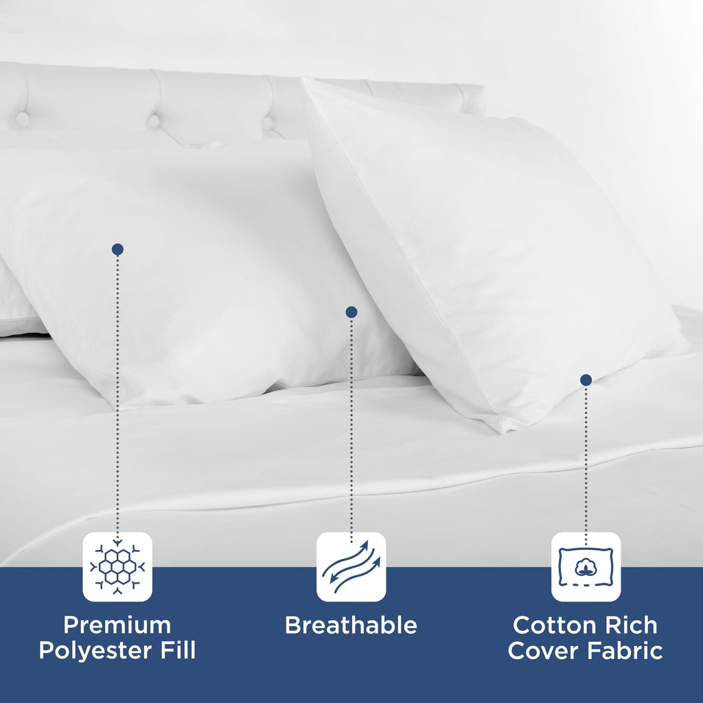 Hotel Collection 2-Pack Down Alternative White Bed Pillows, Standard - Decorative Throw Pillow Cushion for Sofa & Bed Detail