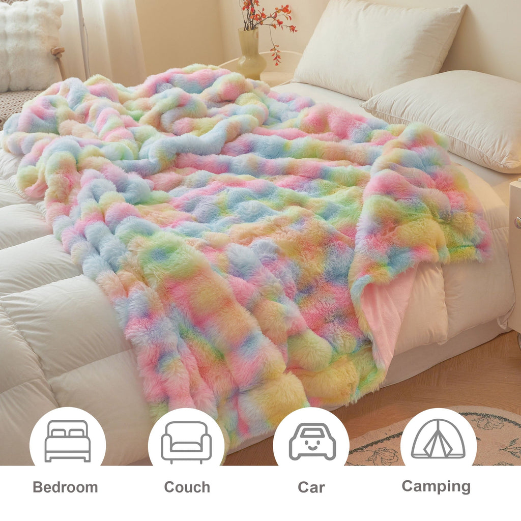 Cozy Fleece Fluffy Faux Rabbit Fur Bubble Throw, Rainbow Plush Shaggy Blanket for Couch Sofa Chair, Soft Tie Dye Furry Blanket Ad... - Lightweight Plush Warm Blanket for All Seasons Detail