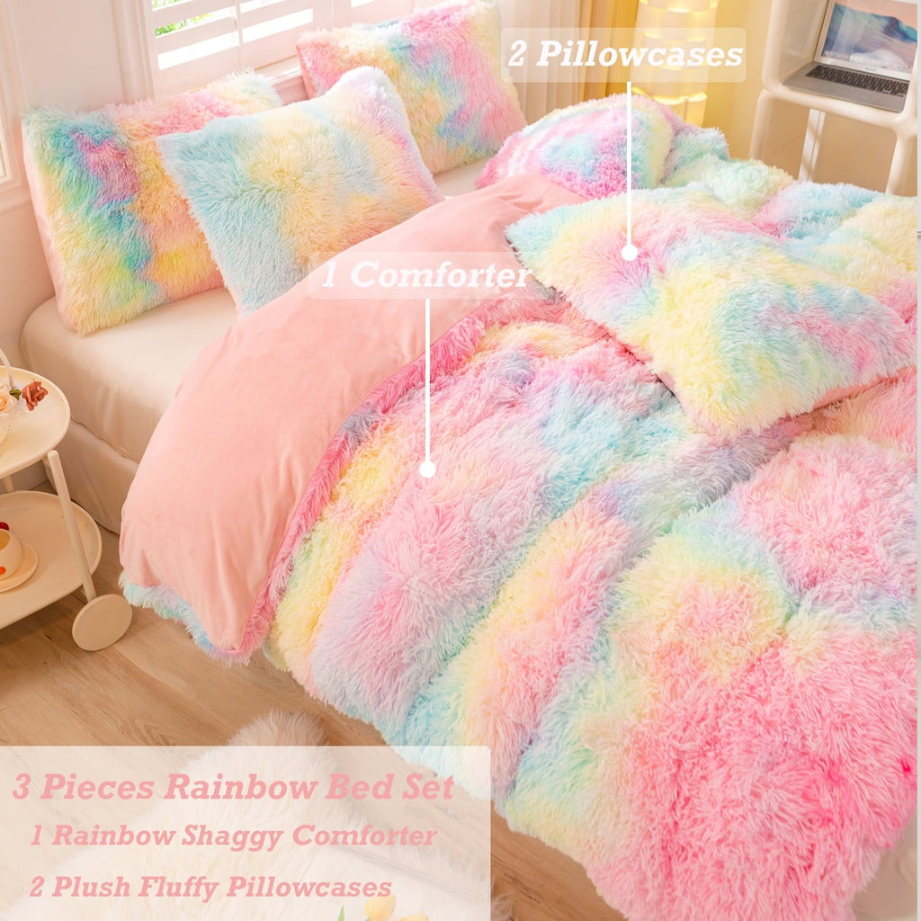 Hypoallergenic Cloud 3Pcs Pink Faux Fur Twin Comforter Set for Girls Tie Dye Rainbow Kid Bed Set Plush Shaggy Bedding Sets Fuzzy Bed Comfo... - All-Season Down Alternative Comforter Insert Detail