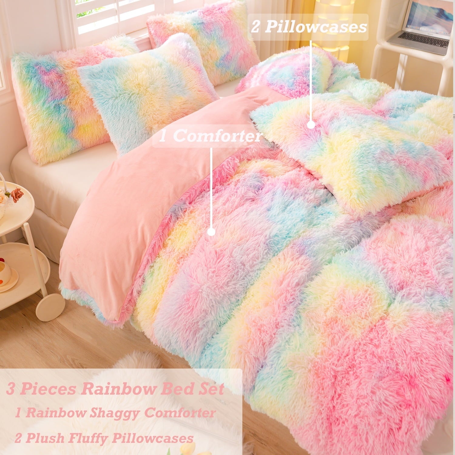 Hypoallergenic Cloud 3Pcs Pink Faux Fur Twin Comforter Set for Girls Tie Dye Rainbow Kid Bed Set Plush Shaggy Bedding Sets Fuzzy Bed Comfo... - All-Season Down Alternative Comforter Insert Detail