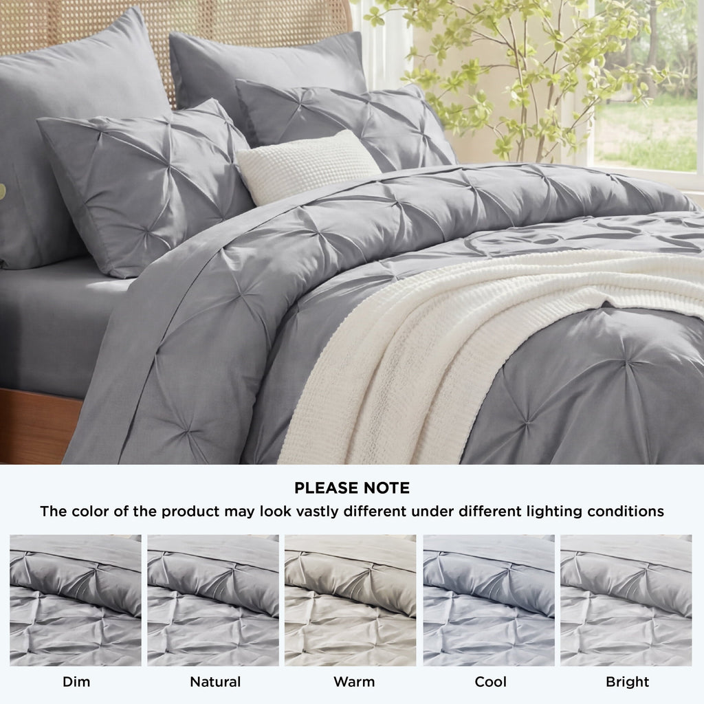 All-Season Queen Comforter Set Grey, Bed in a Bag Queen Size Bedding, 7 Pieces Pinch Pleat All Season Comforter - Cloud-Like Soft Lightweight Bed Comforter Detail