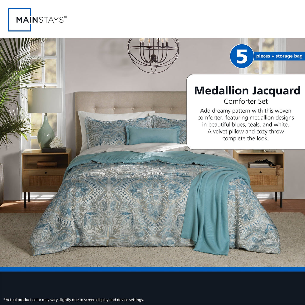 Luxurious Quilted Full/Queen Comforter Set, All-Season, 5-Piece, Teal Jacquard Medallion - All-Season Down Alternative Comforter Insert Detail