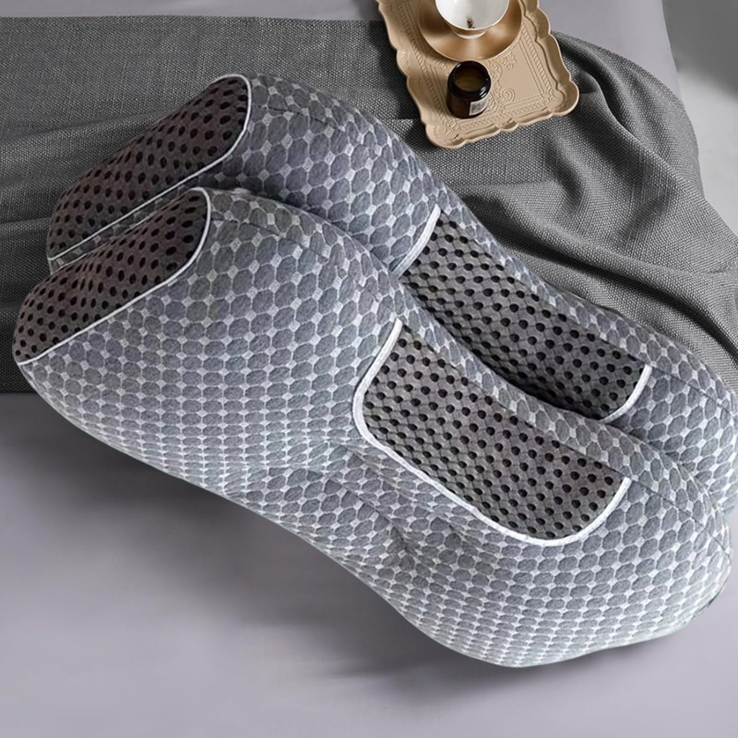 Decorative Plump 2-Piece Set - 24"x15" Gray Bed for Back, Side, Stomach Sleepers - Ergonomic Memory Foam Pillow for Neck Pain Support Detail