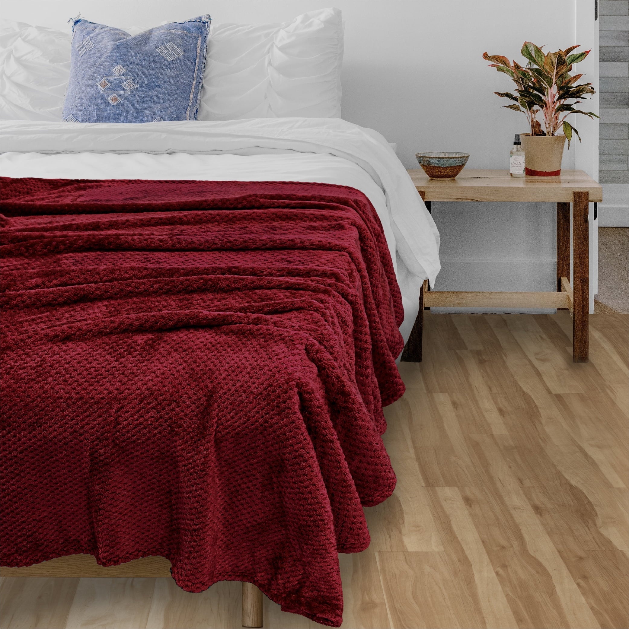 Decorative Knitted Maroon Red Throw Blanket for Couch, Twin Bed, Soft Fleece Throws for Sofa Chair, Fuzzy Waffle Textured Blanket, Cozy ... - Super Soft Reversible Sherpa Flannel Blanket Detail