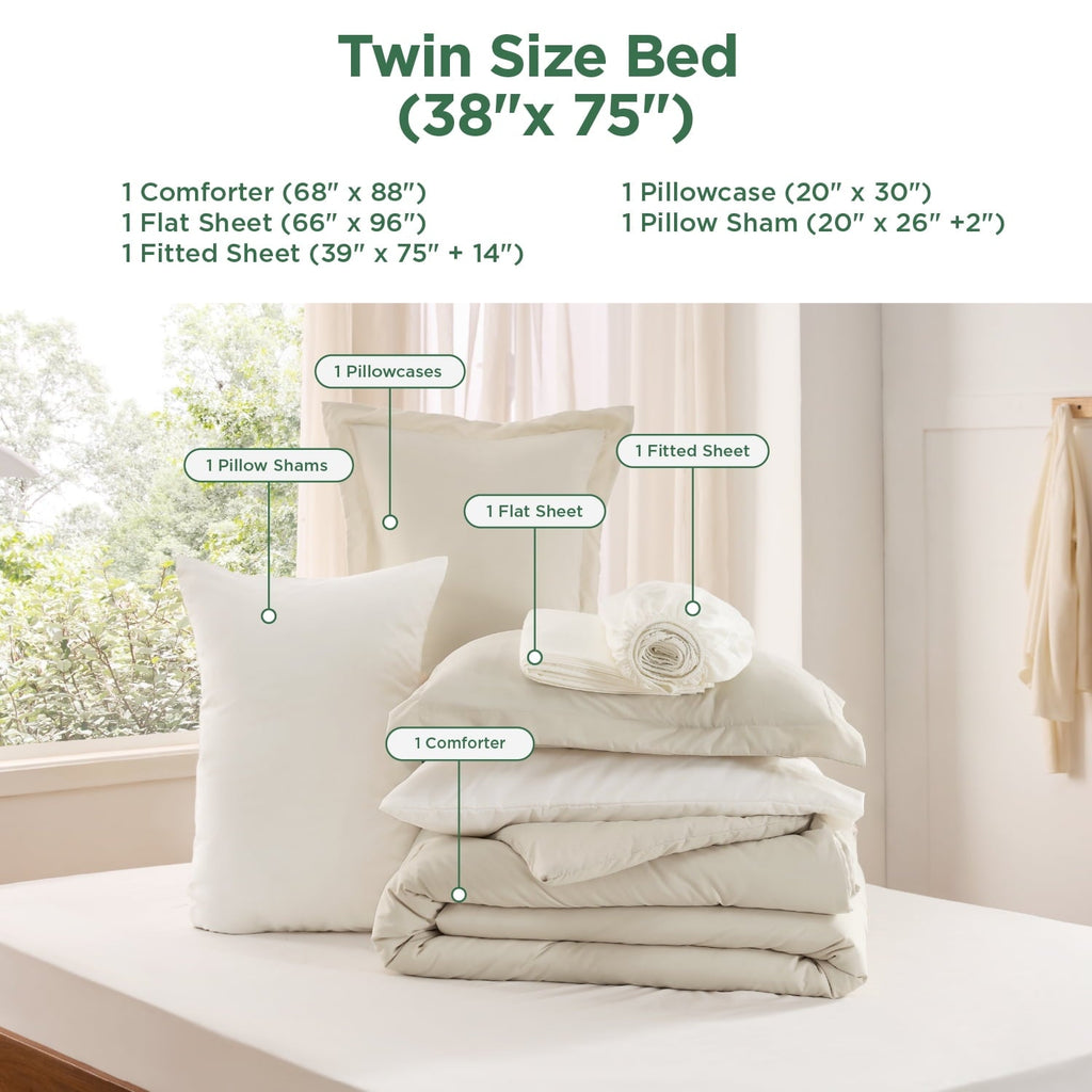 Hypoallergenic Cloud Twin Comforter Set Beige, 5 Pieces Lightweight Twin Bedding Sets Boho with Comforter, Sheet, Pillowcase & Sham - Luxurious Quilted Duvet Cover Set Detail