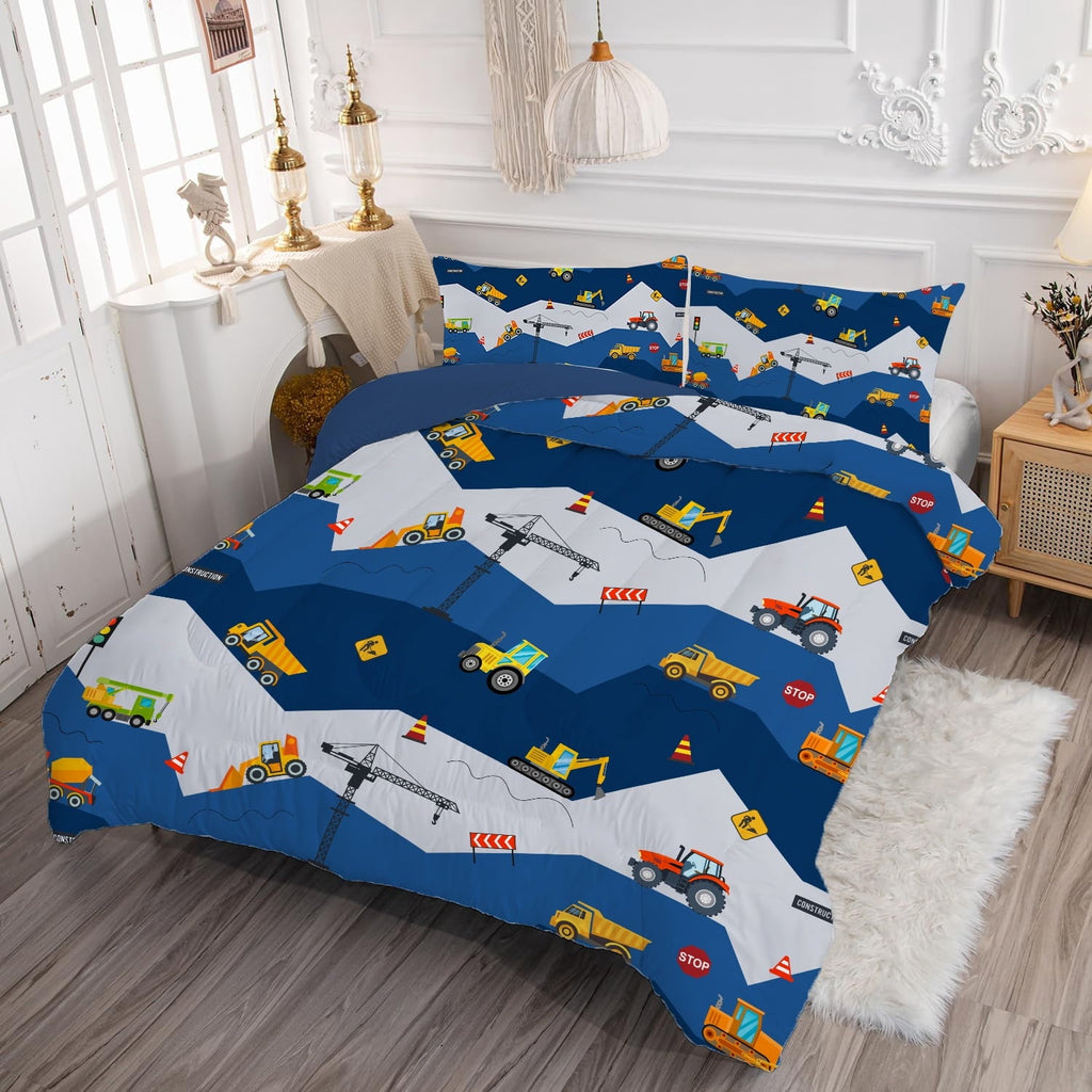 Heavyweight Warmth Car Comforter Set Construction Bedding Set for Boys Kids Trucks Comforter Cartoon Car Excavator Tractor Blue 3Pcs Twin - Luxurious Quilted Duvet Cover Set Detail