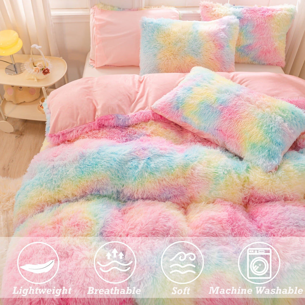 Hypoallergenic Cloud 3Pcs Pink Faux Fur Twin Comforter Set for Girls Tie Dye Rainbow Kid Bed Set Plush Shaggy Bedding Sets Fuzzy Bed Comfo... - All-Season Down Alternative Comforter Insert Detail