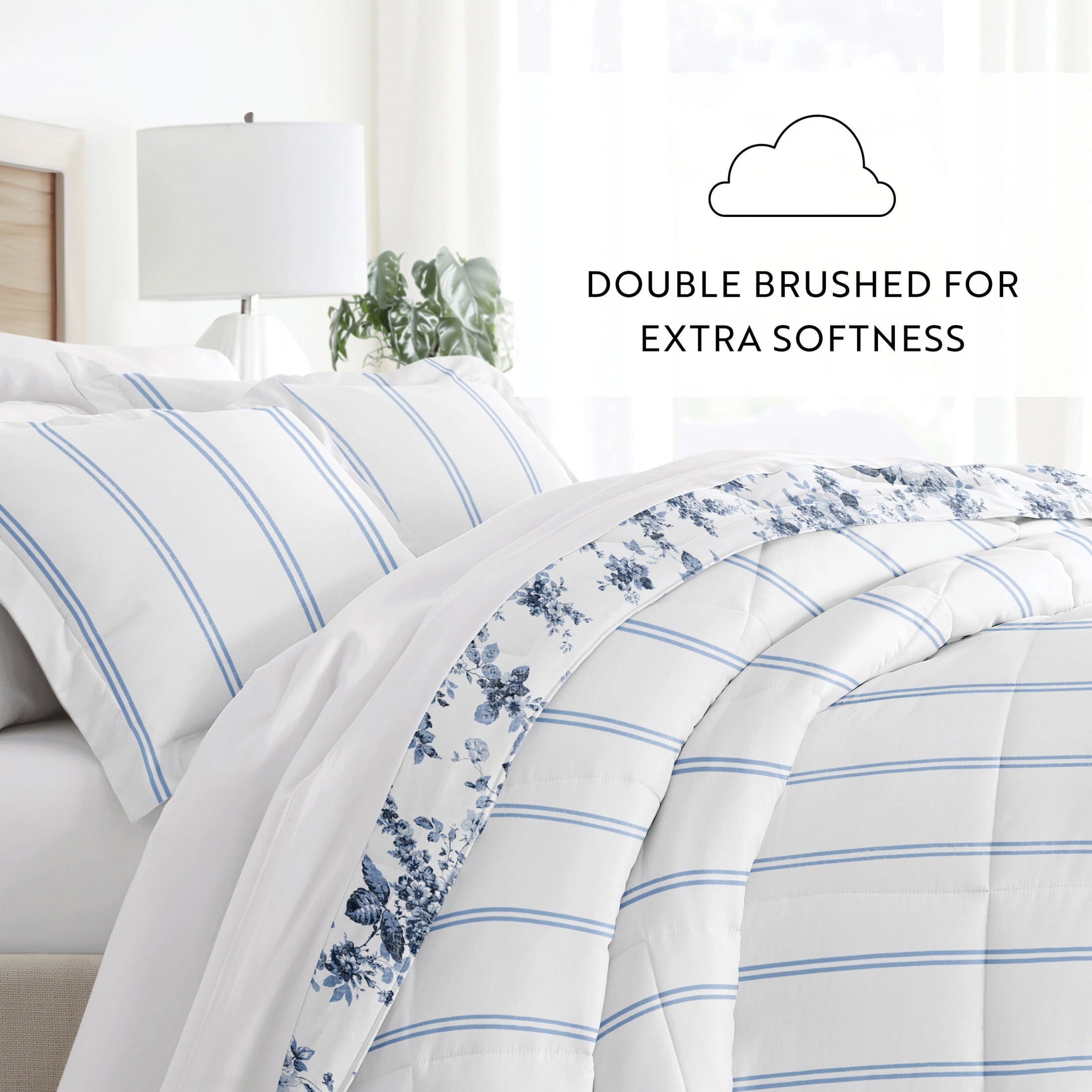 All-Season Down Alternative Cabbage Rose Stripe Stone Reversible Comforter Set - Hypoallergenic Ultra-Fluffy Quilt for Winter Detail