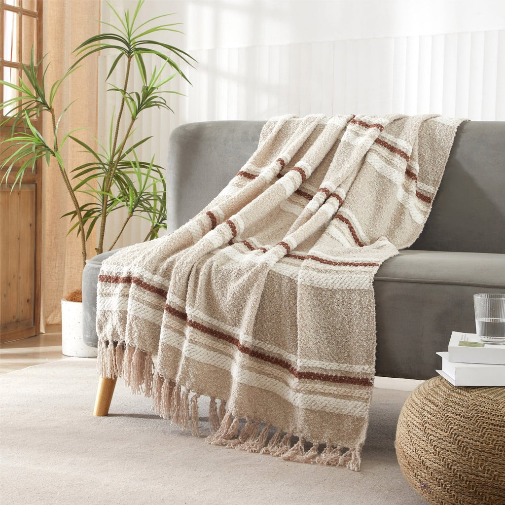Decorative Knitted 60" x 50" Cozy Striped Porcini Chenille Throw - Luxury Knitted Decorative Throw Blanket with Fringes Detail