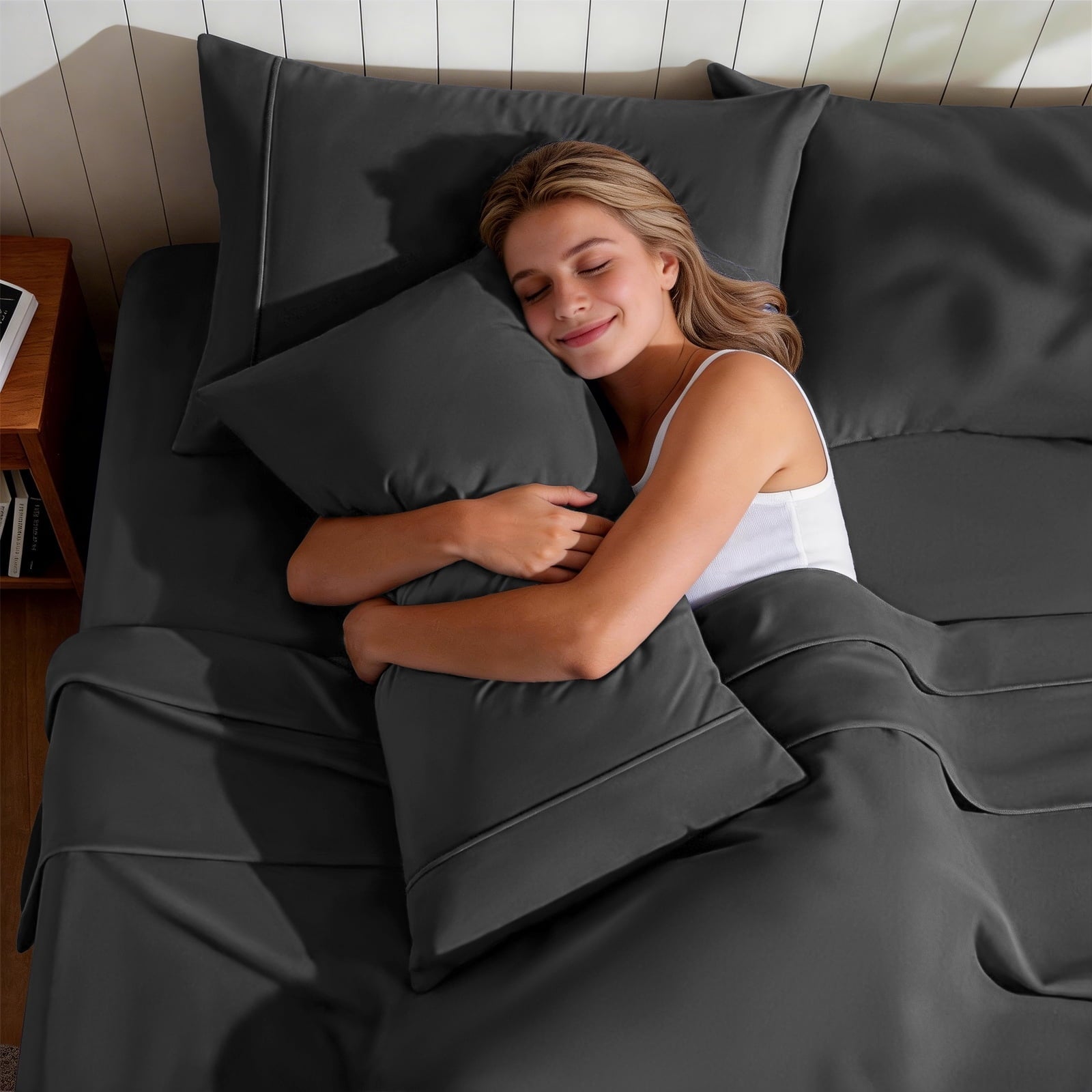Premium Egyptian Cotton Sheets,Soft Hotel Luxury Polyester Washed Cotton,4 Piece Sheets Set,with 14" Deep Pocket,Dark Gray - Cooling Hotel Quality Bedding Sheets and Pillowcases Detail
