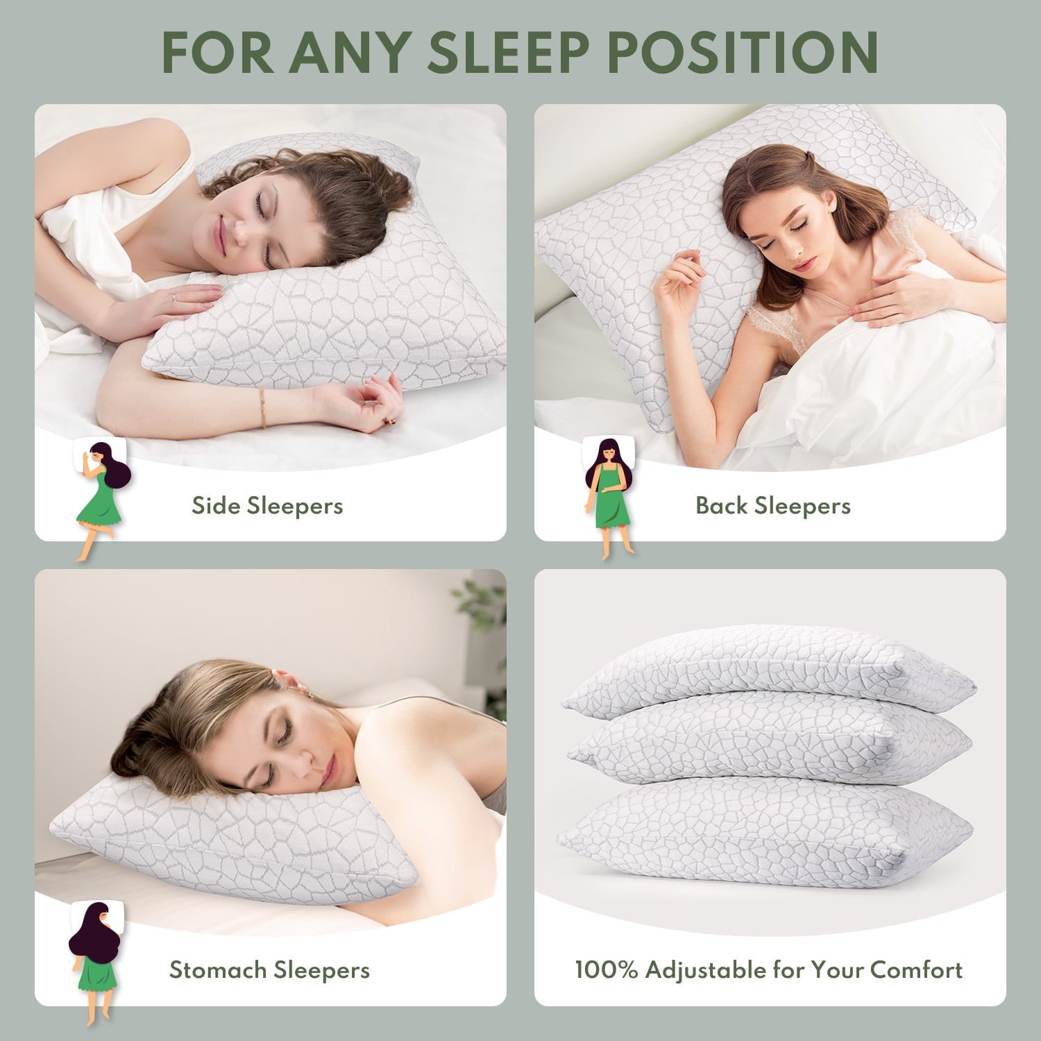 Orthopedic Support Queen Size Bed Pillows 4-Pack,3.3lb Shredded Memory Foam Filled,Hyper Soft & 3D Breathable Cooling Desigh Cover Fitti... - Hotel Quality Plush Sleeping Pillows Detail
