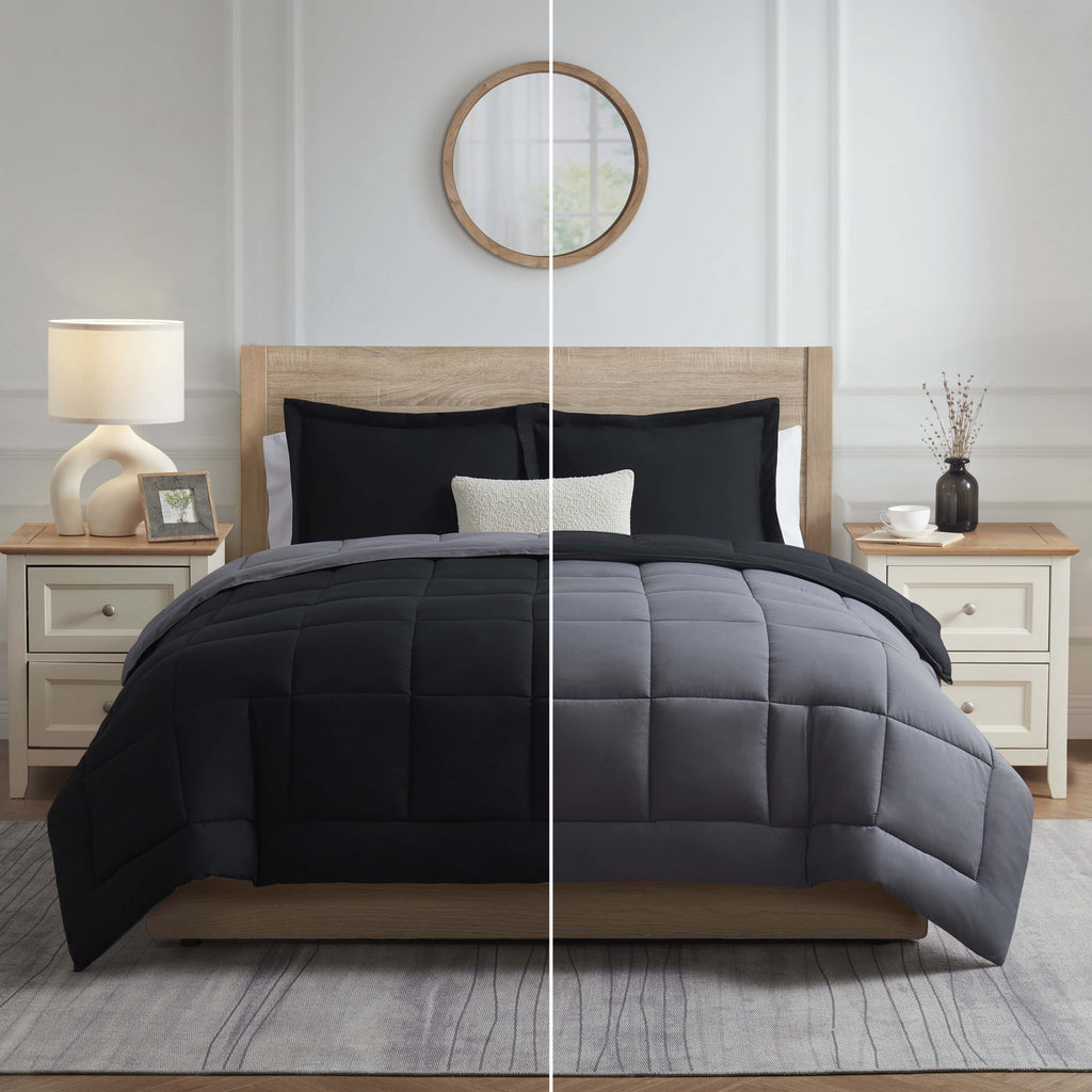 All-Season Queen Comforter Set, 3 Piece Bed in a Bag, Reversible Down Alternative Bedding Set, Black & Gray - Hypoallergenic Ultra-Fluffy Quilt for Winter Detail