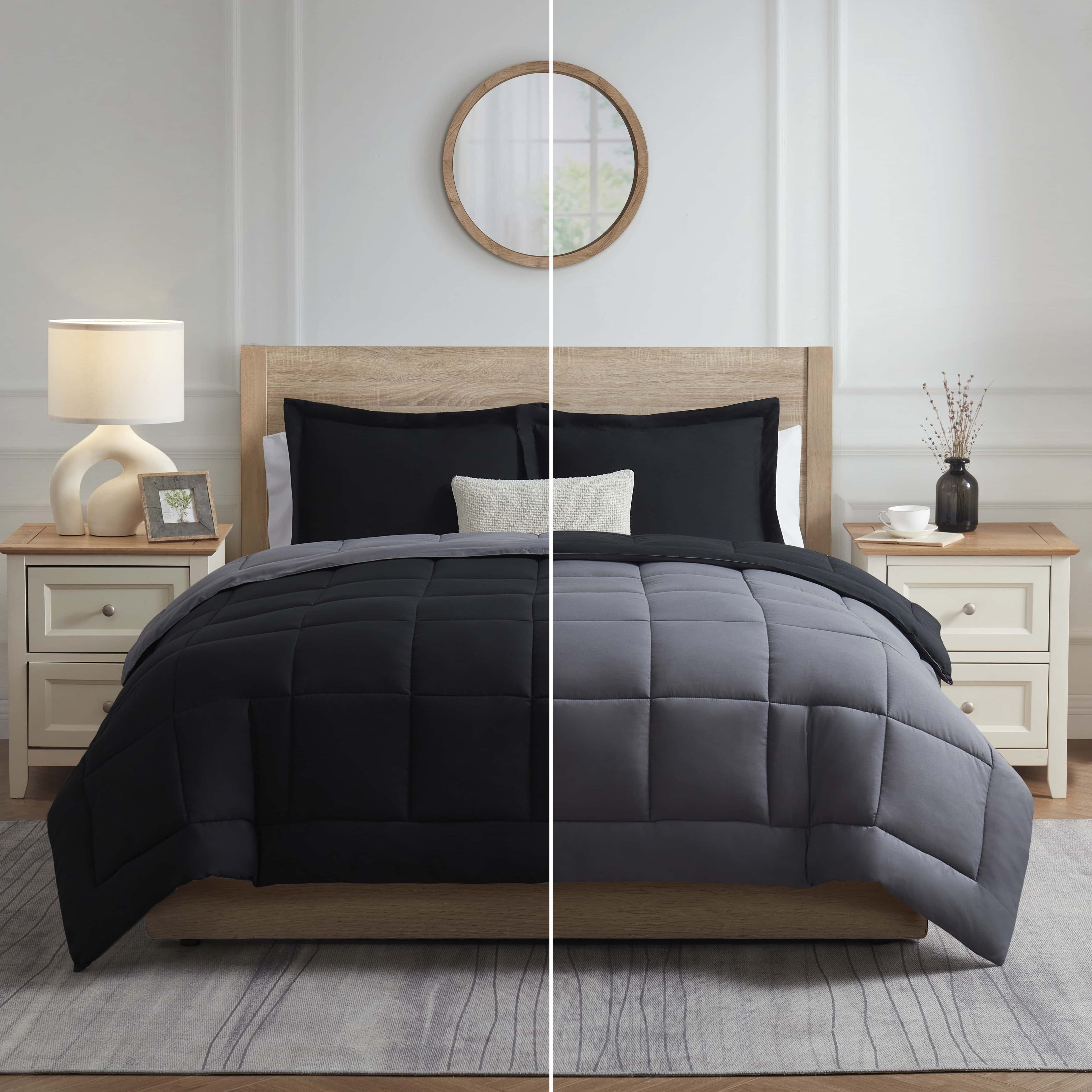 All-Season Queen Comforter Set, 3 Piece Bed in a Bag, Reversible Down Alternative Bedding Set, Black & Gray - Hypoallergenic Ultra-Fluffy Quilt for Winter Detail
