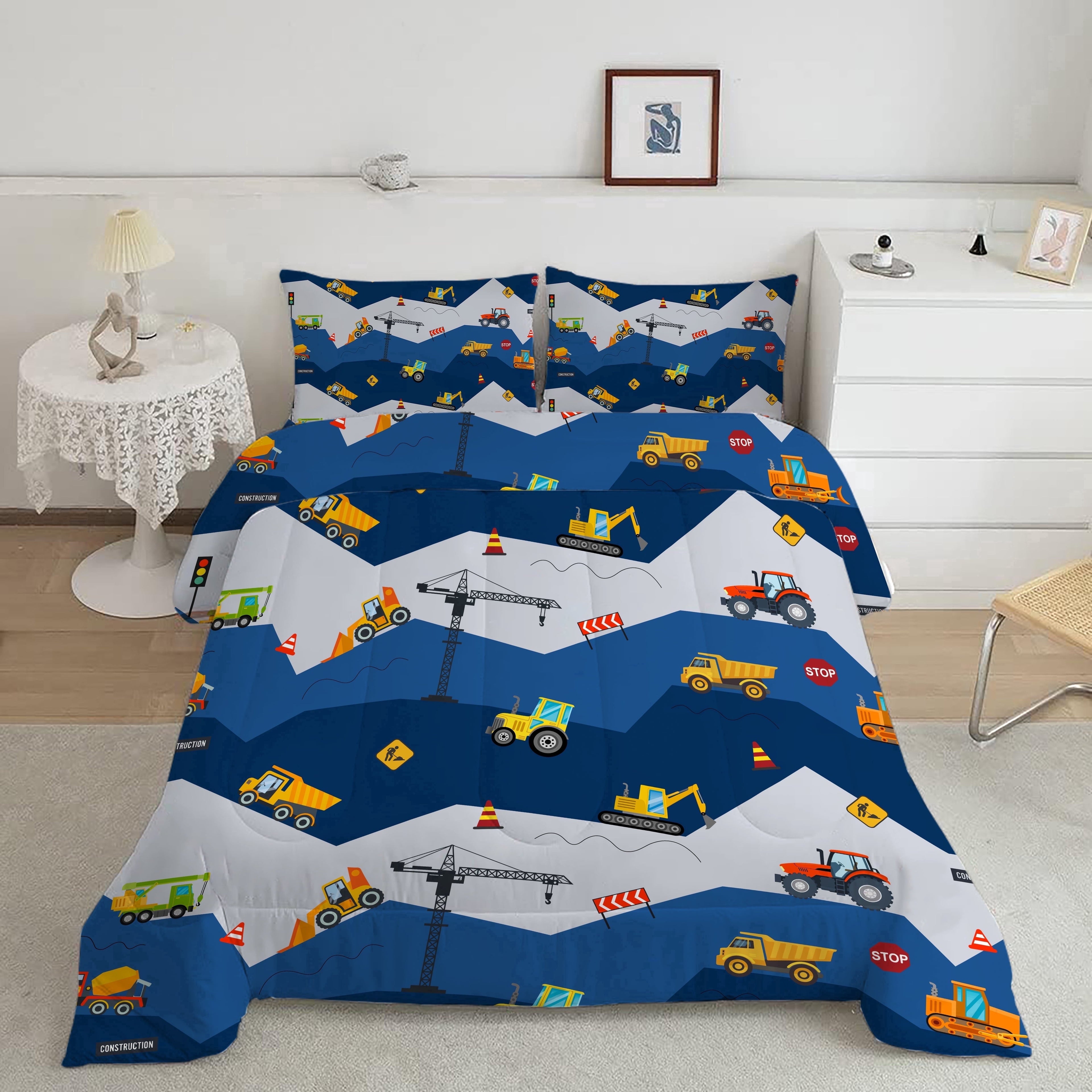 Heavyweight Warmth Car Comforter Set Construction Bedding Set for Boys Kids Trucks Comforter Cartoon Car Excavator Tractor Blue 3Pcs Twin - Luxurious Quilted Duvet Cover Set Detail