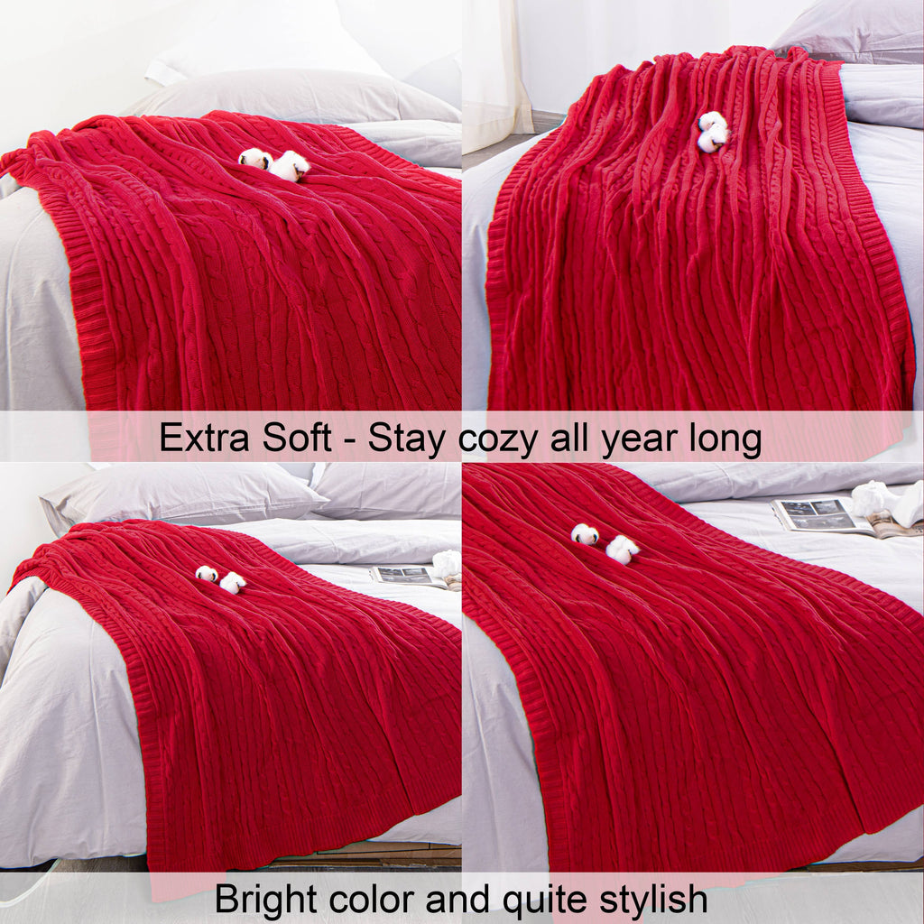 Lightweight Warm 100% Cotton Cable Knit Throw, Super Soft Warm Knitted Blanket Home Decor, 51"x67", Red - Super Soft Reversible Sherpa Flannel Blanket Detail