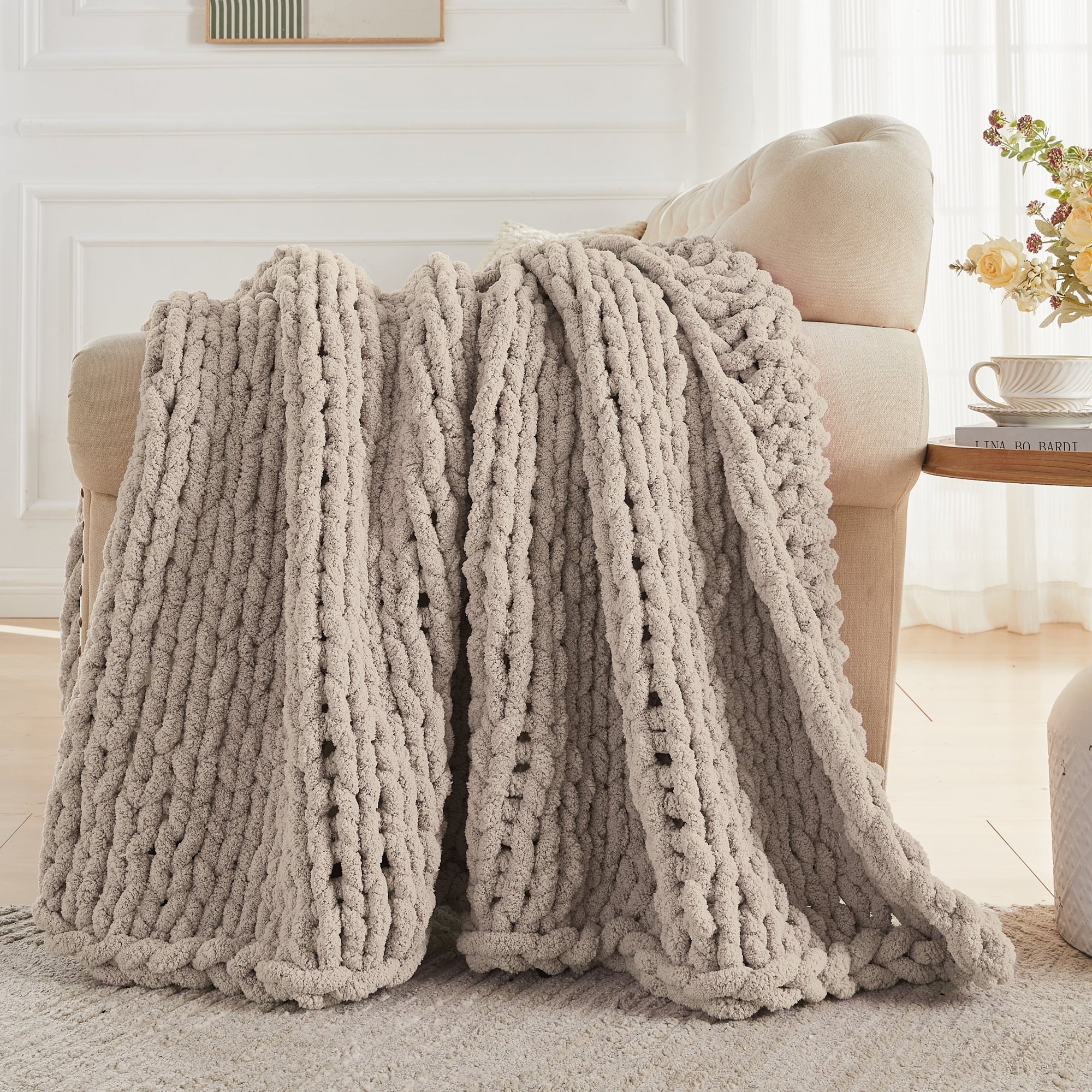 Super Soft Flannel Chunky Knit Throw Blanket Handmade Soft Throws for Couch Sofa Bed, 50" x 60" Taupe - Lightweight Plush Warm Blanket for All Seasons Detail