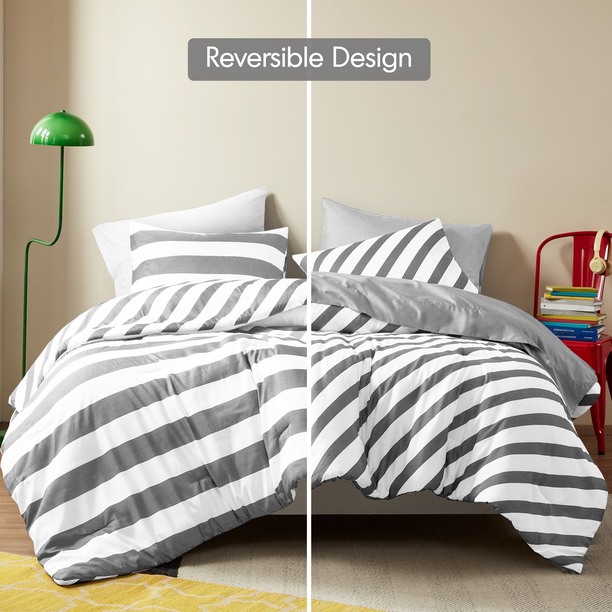Heavyweight Warmth Full/Queen Size Comforter Sets, 3-Piece Bedding Set Full/Queen, Reversible Striped Comforter Bed Set, Charcoal - Luxurious Quilted Duvet Cover Set Detail