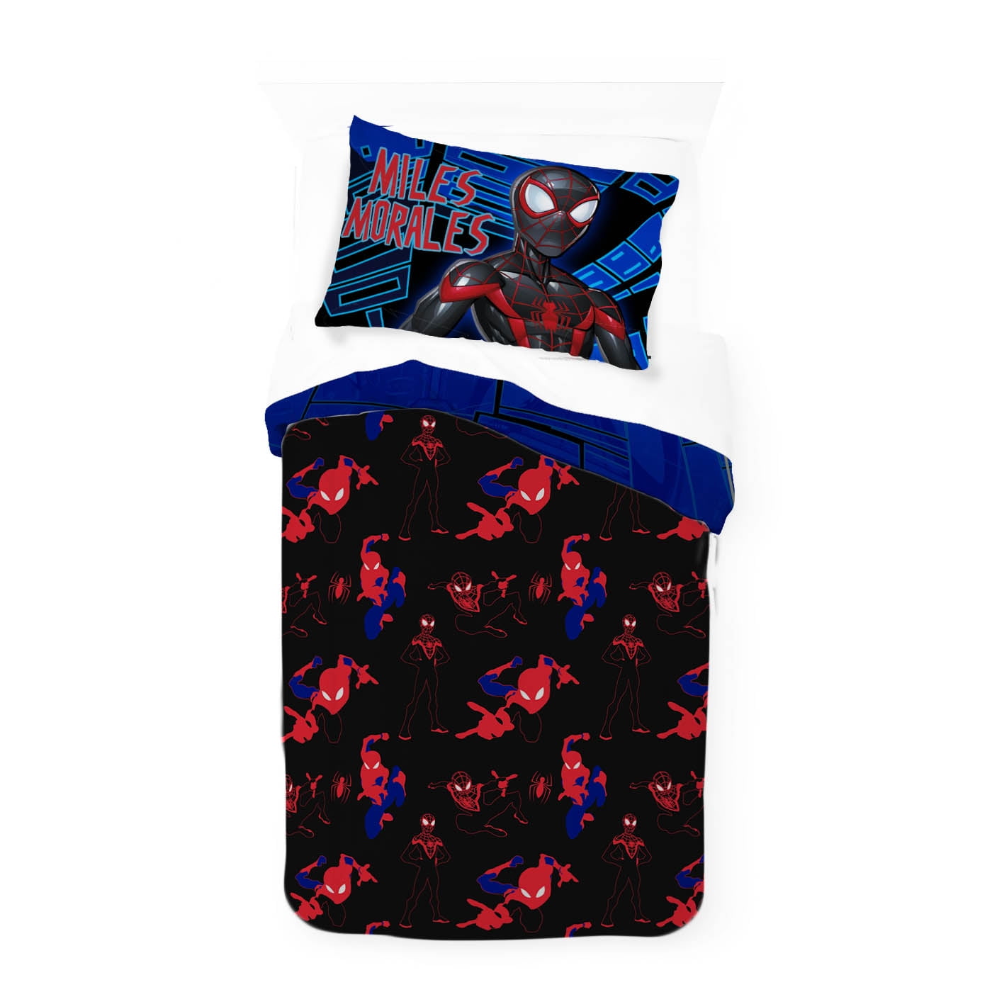 Hypoallergenic Cloud Spiderman Techno City Kids 2 Piece Blue Reversible Comforter and Pillowcase Set, Twin/Full - All-Season Down Alternative Comforter Insert Detail