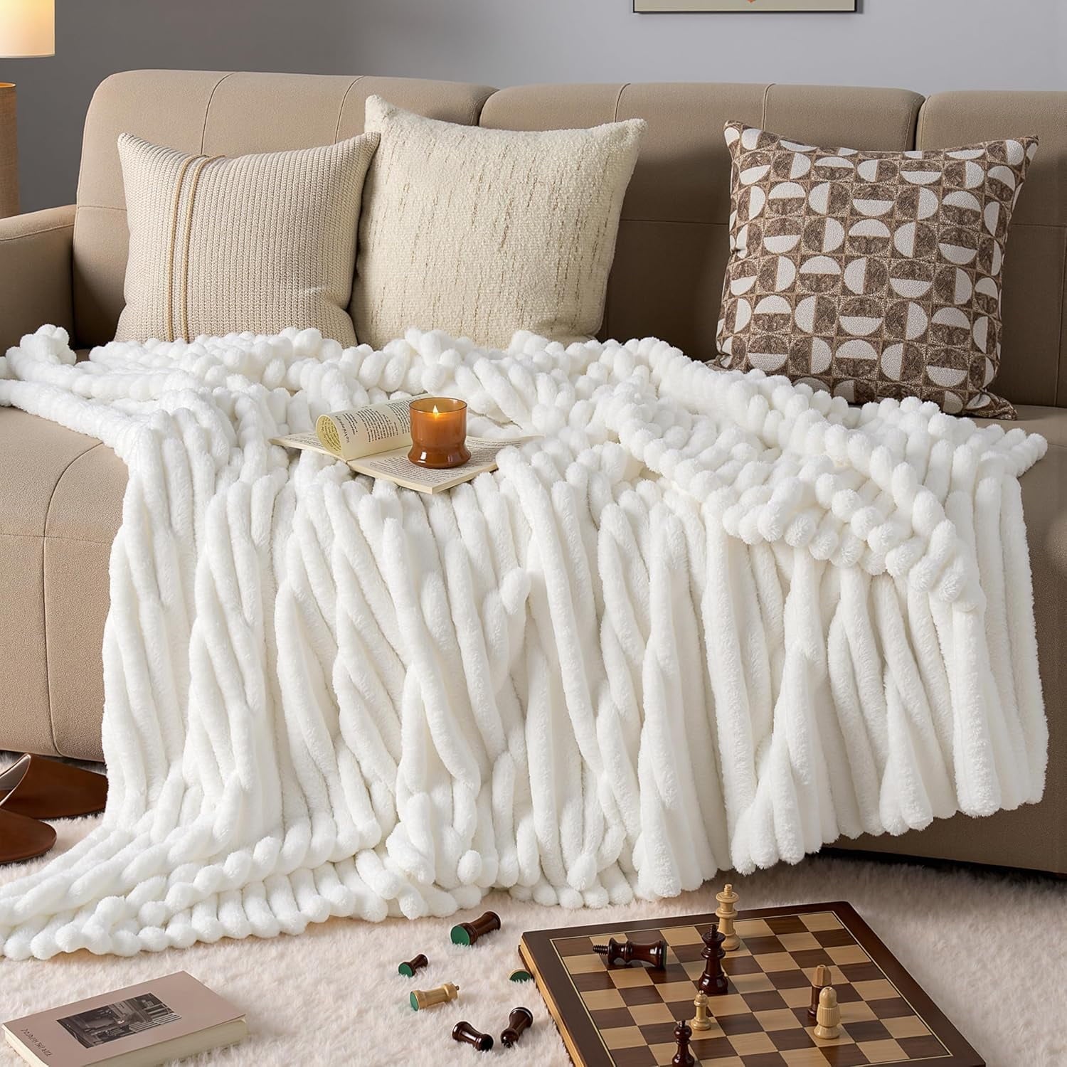 Super Soft Flannel Throw Blanket for Couch,Bed,Sofa,White Flannel Blanket,Soft Throw Blanket ,Gifts for Women Mom Girls,Throw Home Room ... - Luxury Knitted Decorative Throw Blanket with Fringes Detail