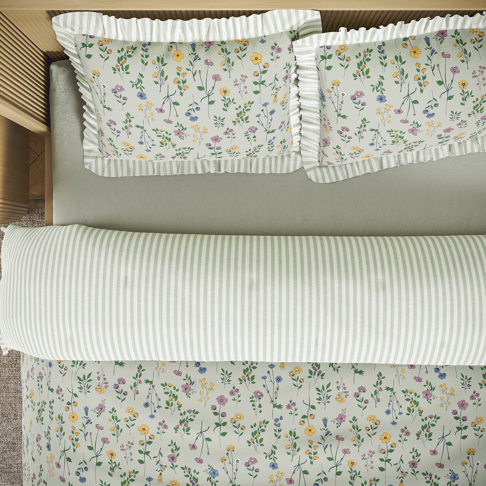 Heavyweight Warmth 100% Cotton Botanical 3-Piece Sage Green Comforter Set, Full/Queen - Luxurious Quilted Duvet Cover Set Detail
