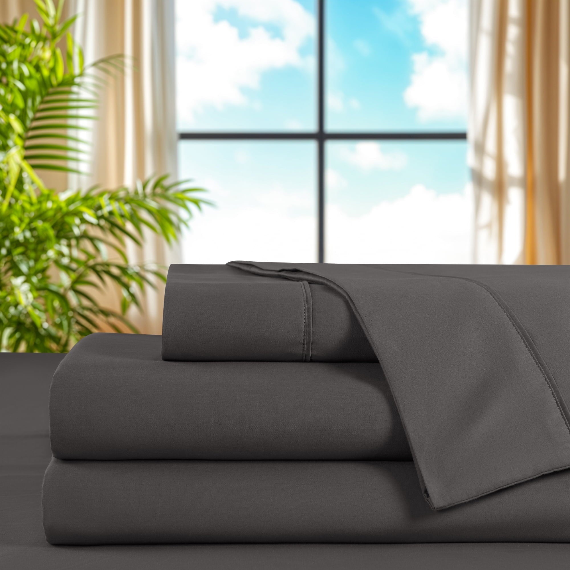 Premium Egyptian Cotton 100% Cotton Bed Sheets Set, 1000 Thread Count 4 Piece Luxury Soft Sheets Set with 16" Deep Pocket, Queen, Dark Gray - Breathable Egyptian Cotton Flat & Fitted Sheets Detail