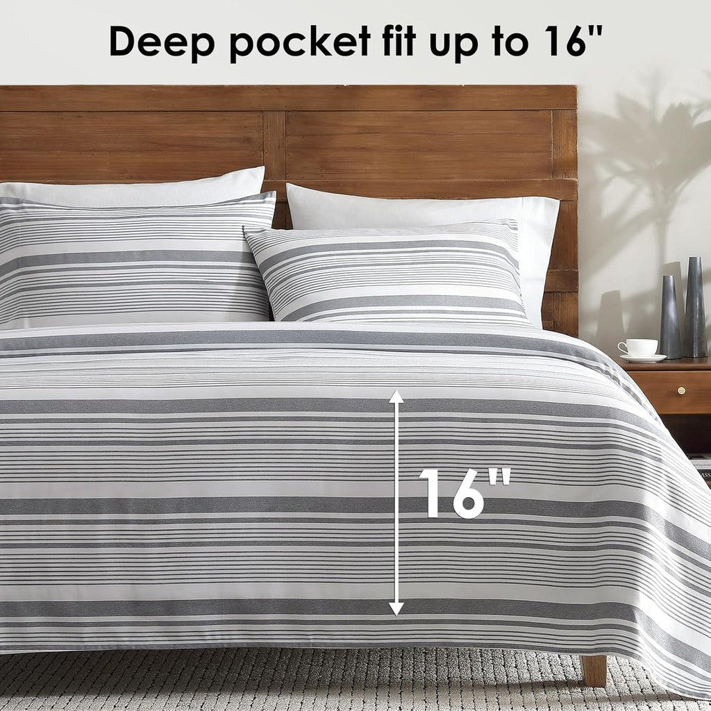 Breathable Luxury Home 3-Piece Twin Microfiber Classic Stripe Bed Sheet Set, Super Soft, Breathable Stripe Bedding with 16 inches Deep ... - Luxury Bed Sheet Set with Deep Pockets Detail