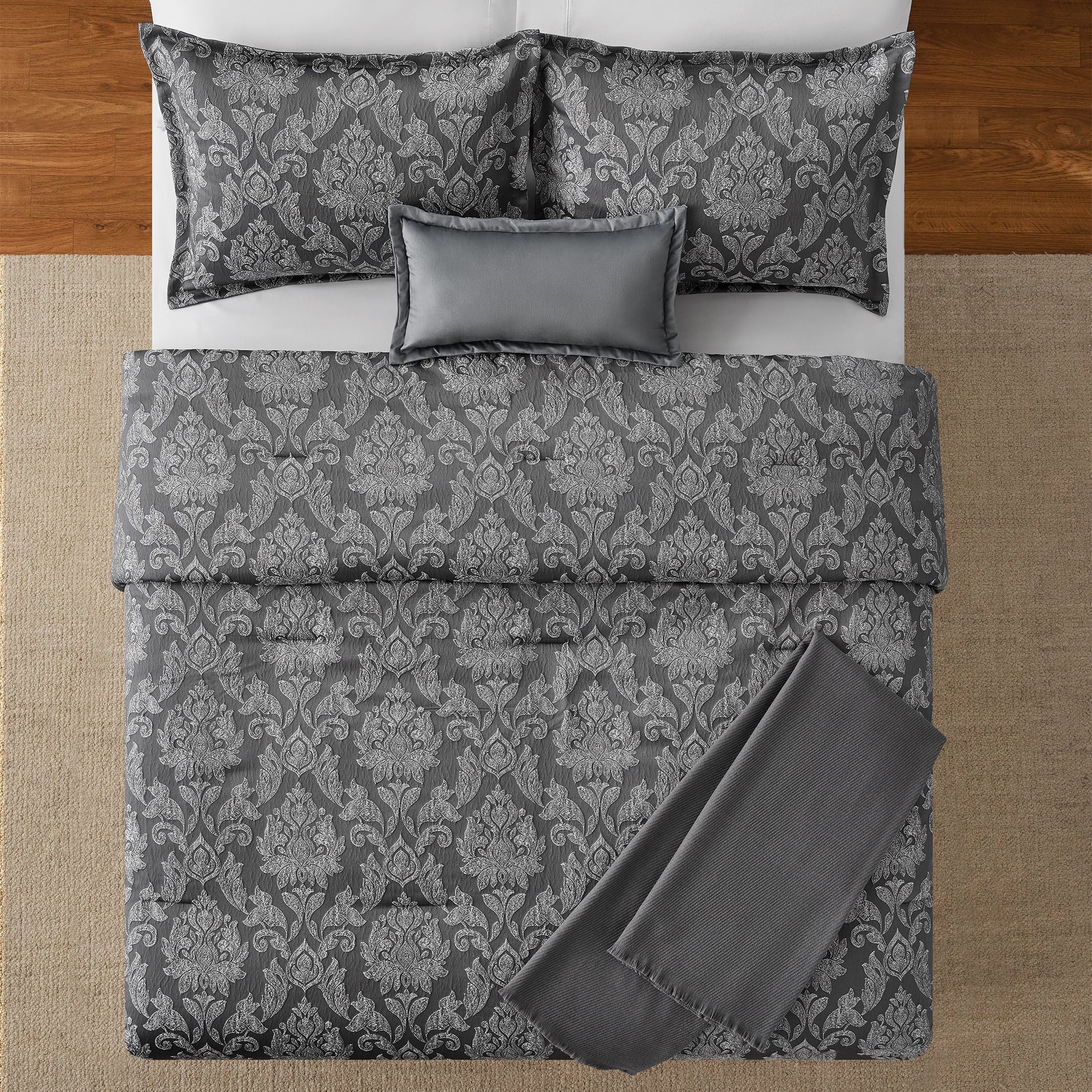 Fluffy Down Alternative Full/Queen Comforter Set, All-Season, 5-Piece, Grey Jacquard Damask - Cloud-Like Soft Lightweight Bed Comforter Detail
