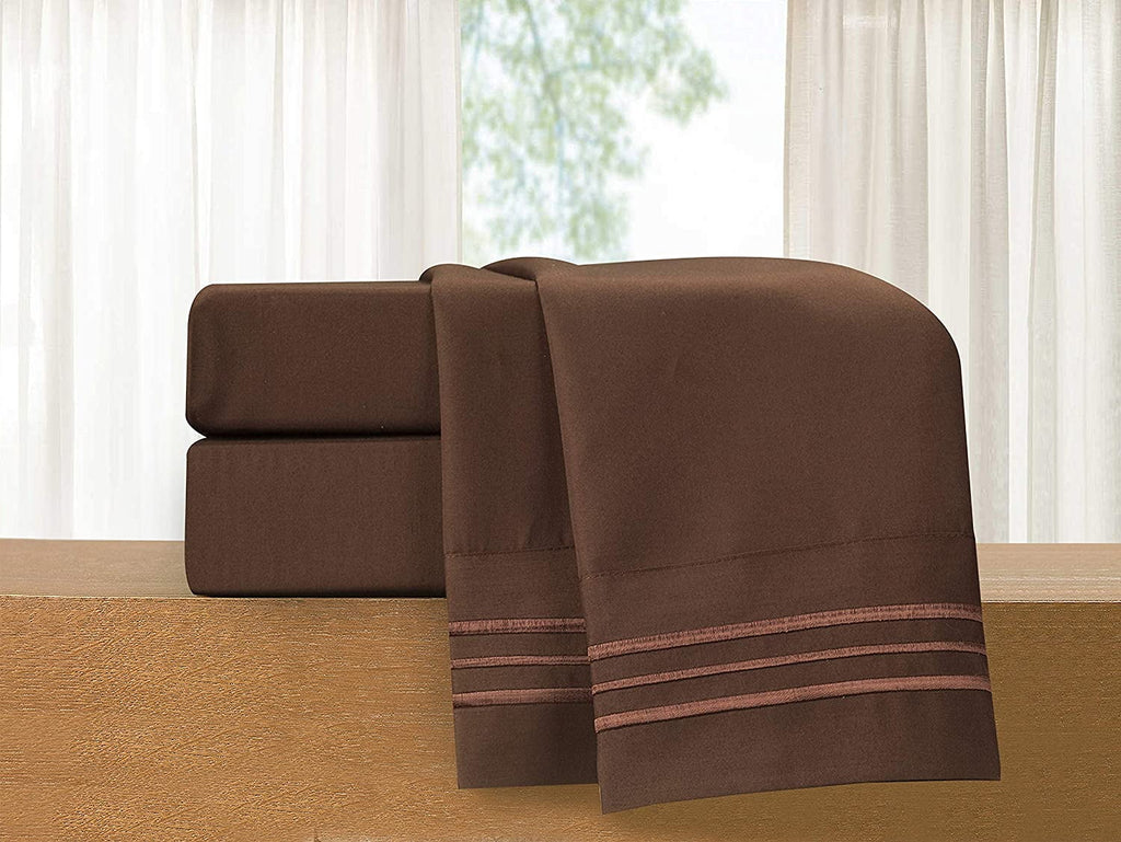 Wrinkle-Resistant 1500 Series Microfiber Bed Sheets 4-Piece Set, Deep Pocket, Twin/Twin XL Chocolate Brown - Breathable Egyptian Cotton Flat & Fitted Sheets Detail