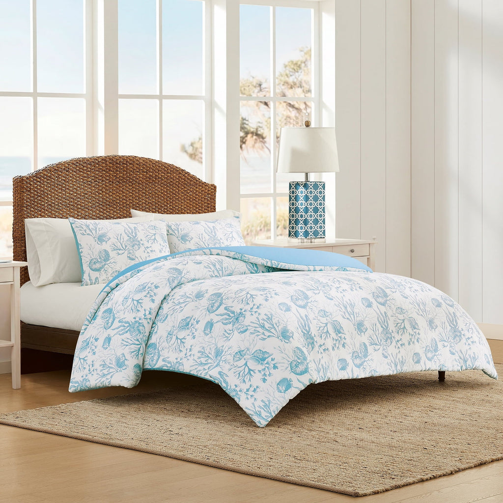 All-Season 3-Piece Lightweight 100% Cotton Blue & White Ocean Print Comforter Set, Full/Queen - Hypoallergenic Ultra-Fluffy Quilt for Winter Detail