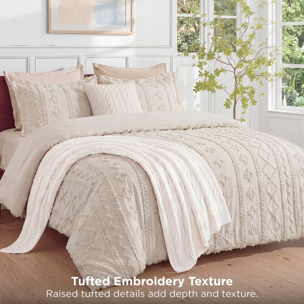 Heavyweight Warmth Tufted Boho Comforter Set Queen, Beige, 3 Pieces Farmhouse Shabby Chic Embroidery Bedding Set, Soft Jacquard Comforte... - All-Season Down Alternative Comforter Insert Detail